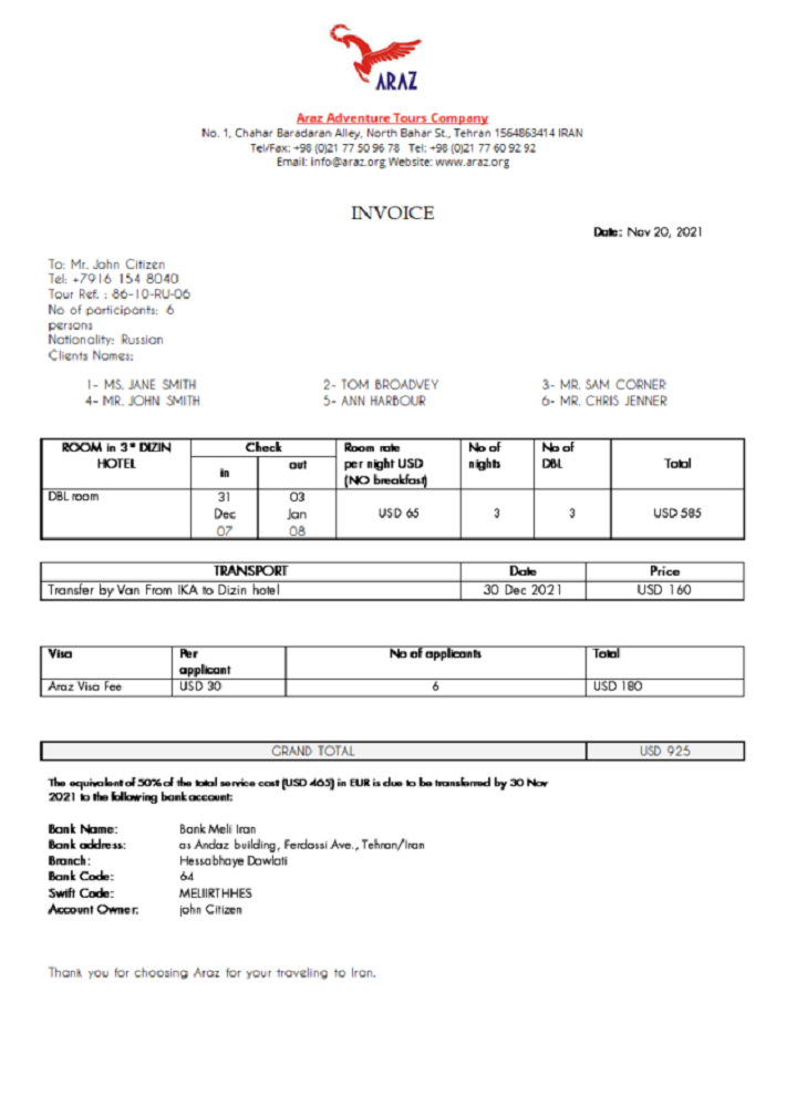 Iran Araz Tours Company invoice PSD template